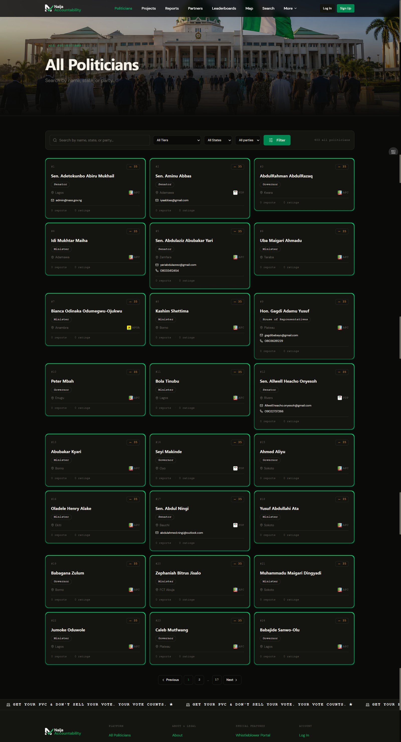 The All Politicians directory, with search, tier, state and party filters above a card grid of elected officials showing role, state, party and report counts